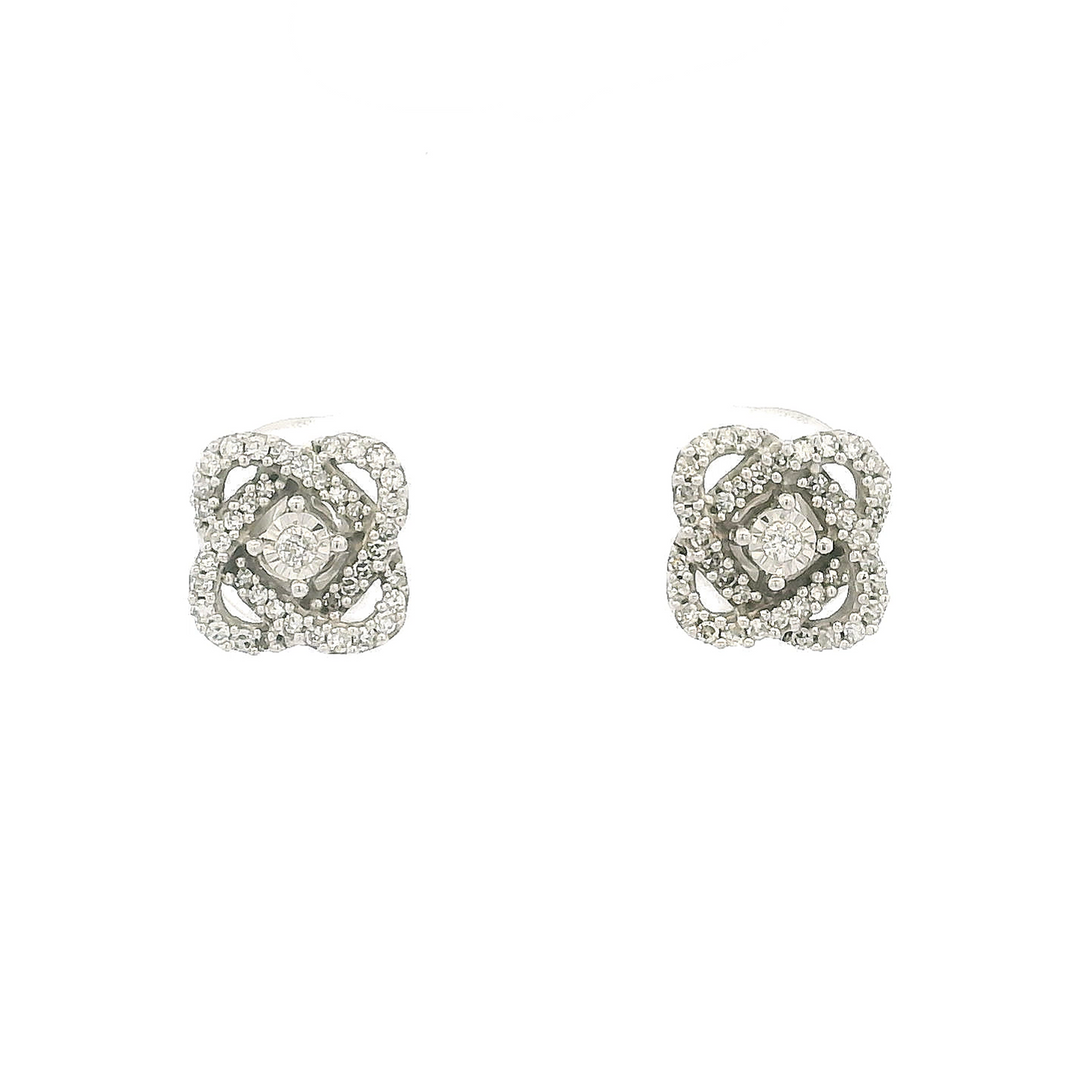Estate 14K White Gold Diamond Cluster Knot Stud Earrings 0.23CT TWT