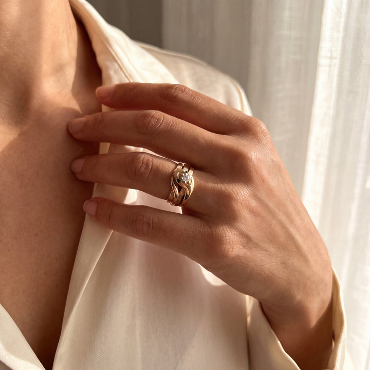 Estate 14KT Yellow Gold Diamond & Emerald Three-Row Snake Motif Ring, Vintage
