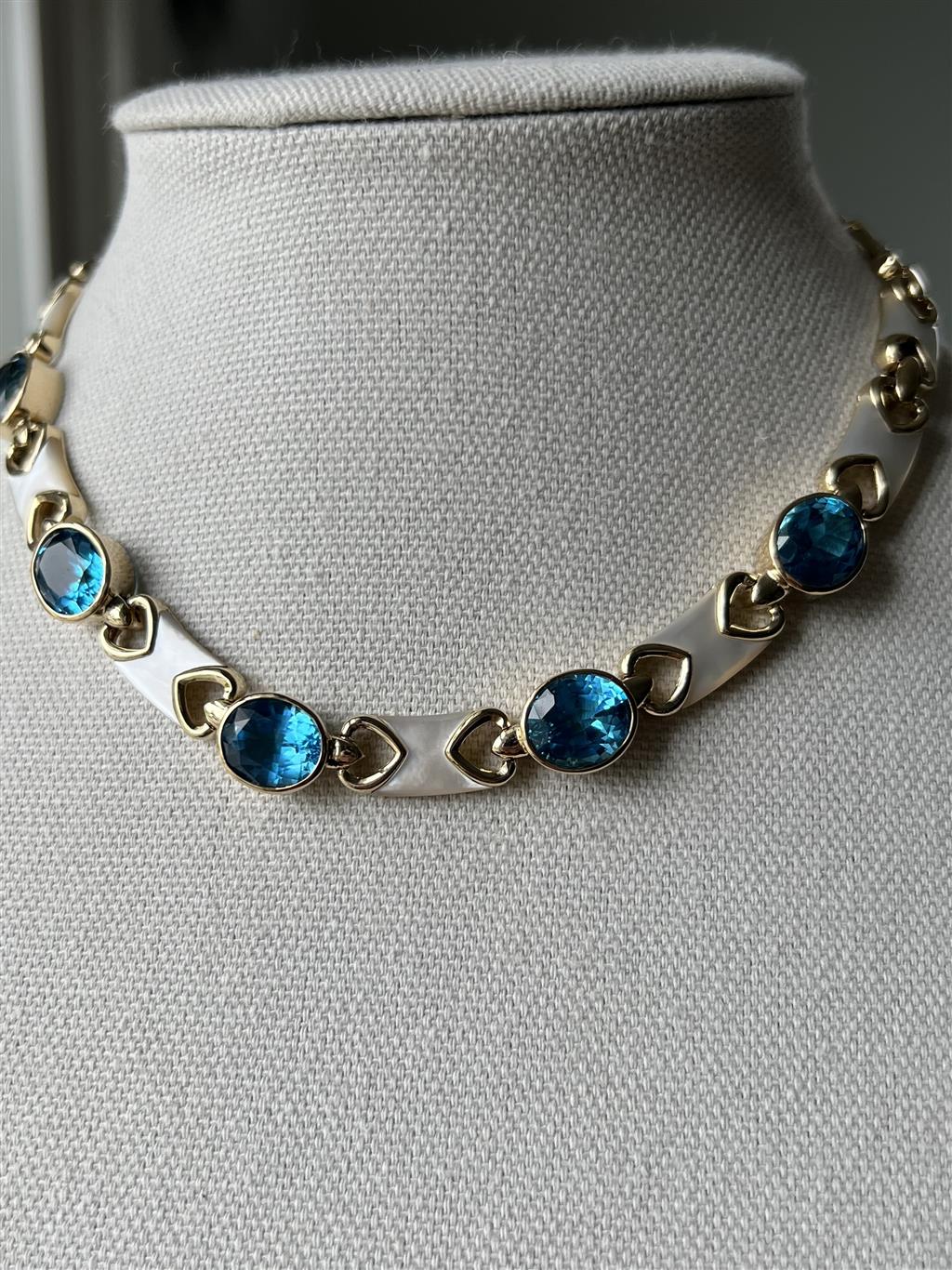Estate 14K Yellow Gold Oval Blue Topaz & Mother of Pearl Link Necklace