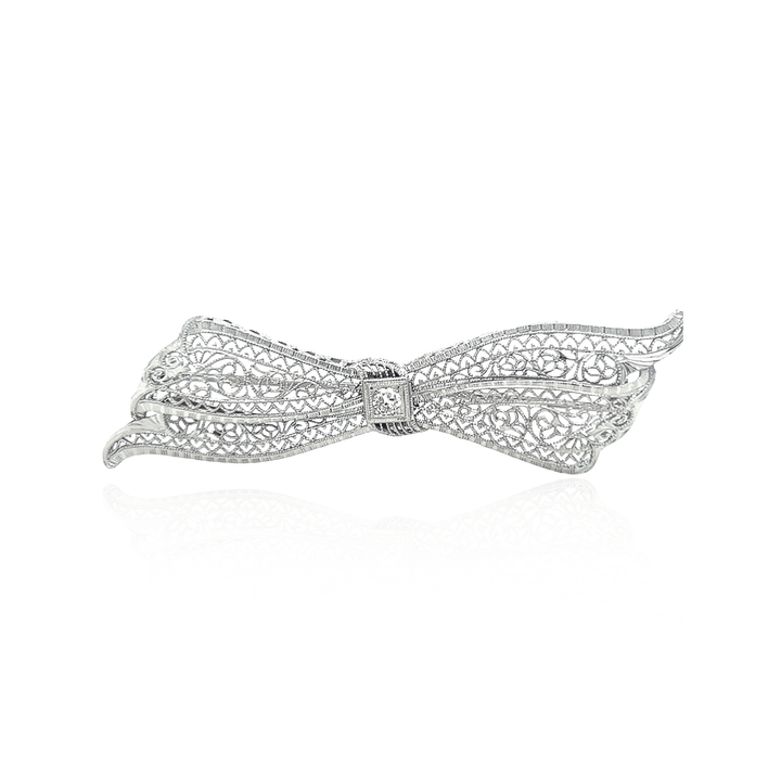 Estate 14K White Gold 0.07CTW Diamond Art Deco Filigree Bow Brooch