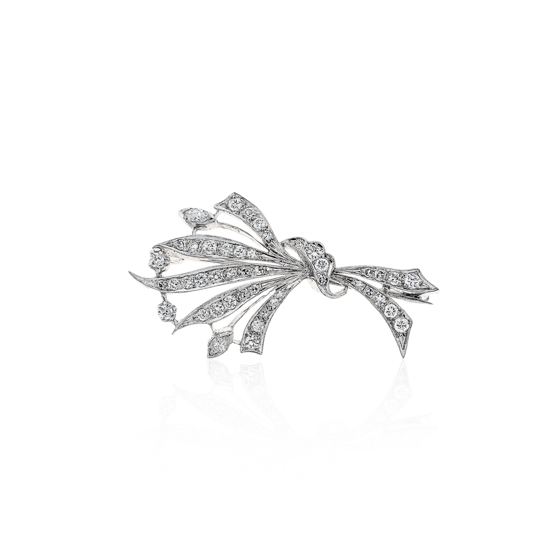 Estate 14K White Gold 1.07CTW Diamond Vintage Spray Brooch