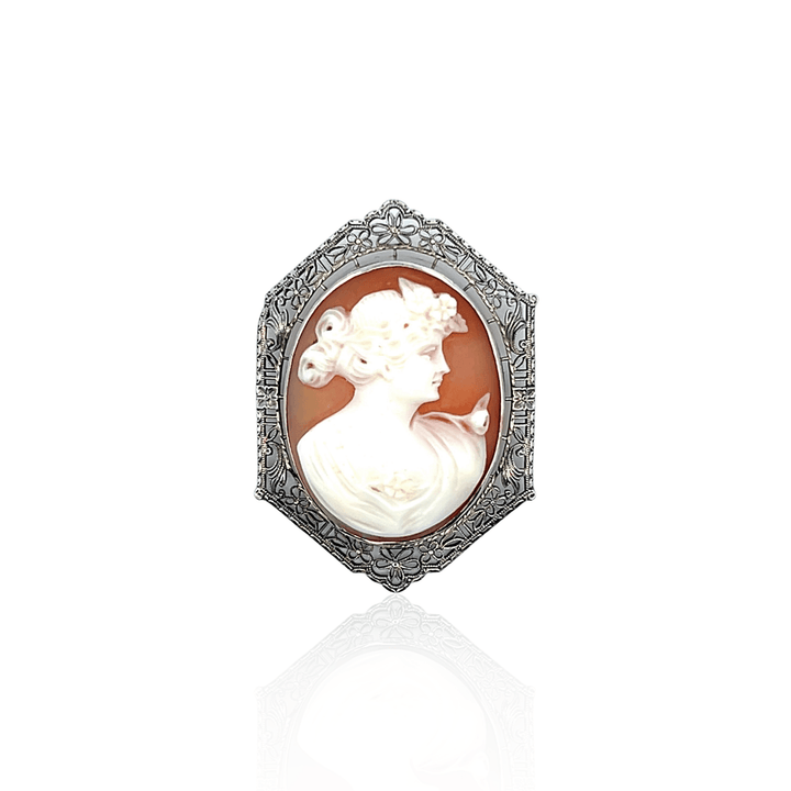 Estate 10K White Gold Shell Cameo Art Deco Brooch