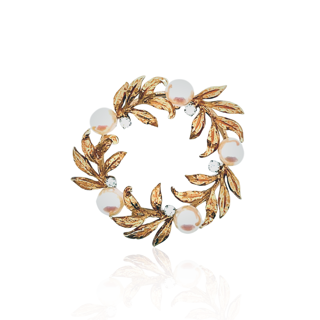Estate 18K Yellow Gold Pearl and Diamond Vintage Wreath Brooch/Pendant