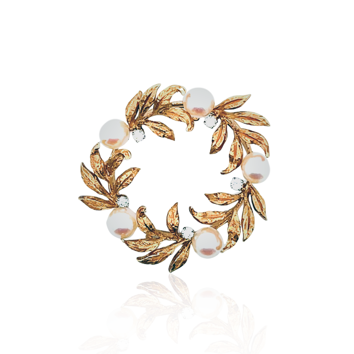 Estate 18K Yellow Gold Pearl and Diamond Vintage Wreath Brooch/Pendant