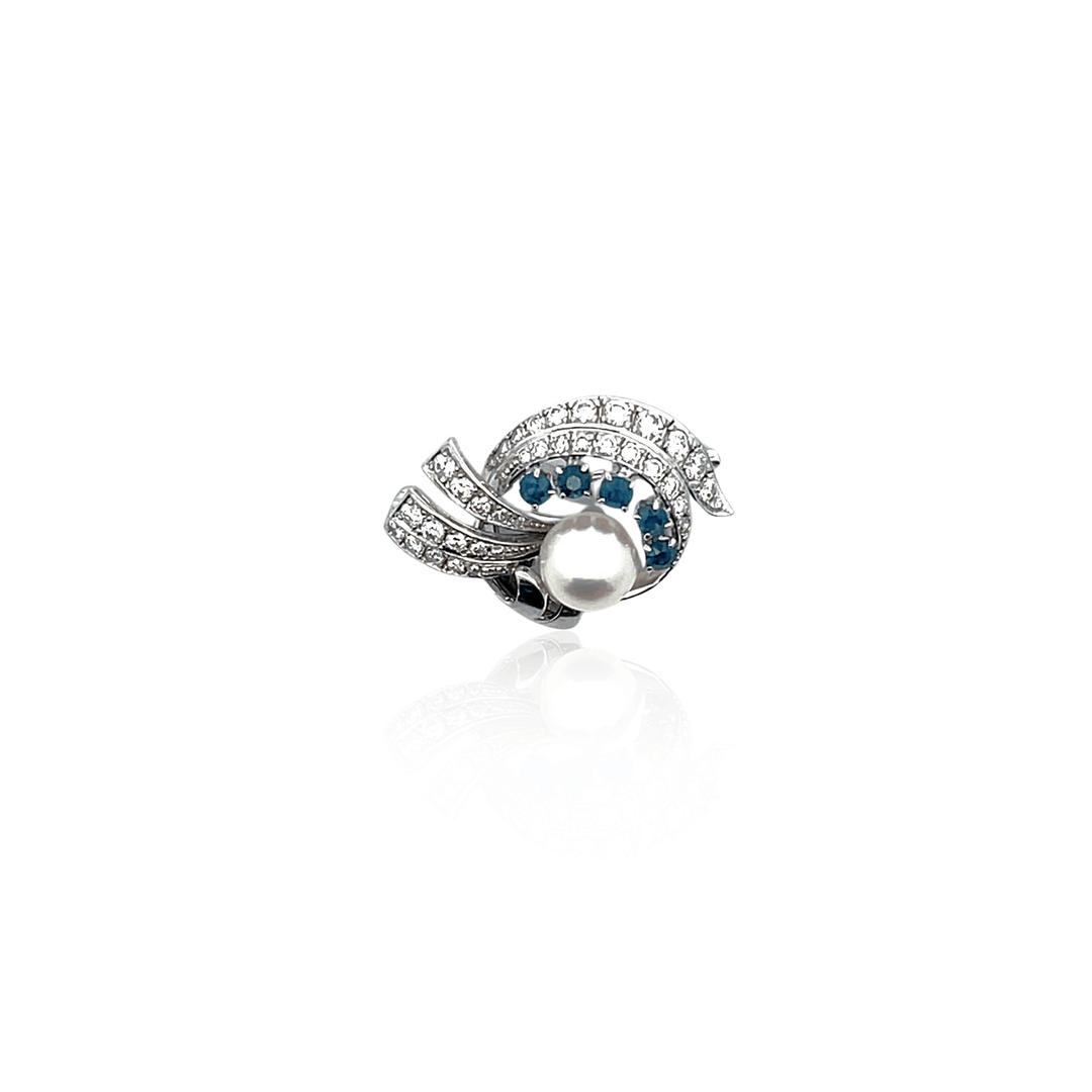 Estate 14K White Gold 1.36CTW Diamond, Sapphire and Pearl Vintage Spray Brooch