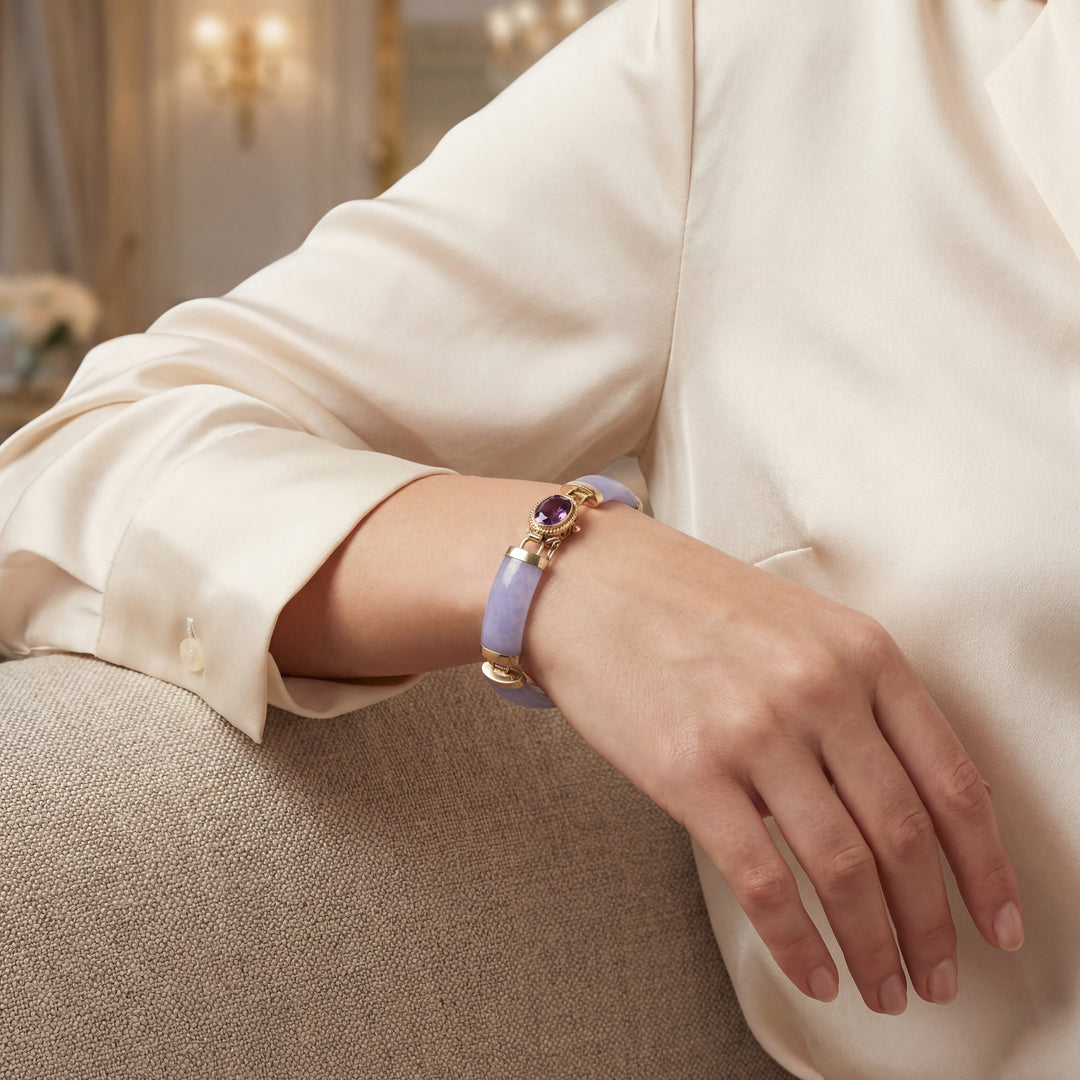 Estate 14K Yellow Gold 0.69CTW Dyed Purple Jadeite & Amethyst Link Bracelet
