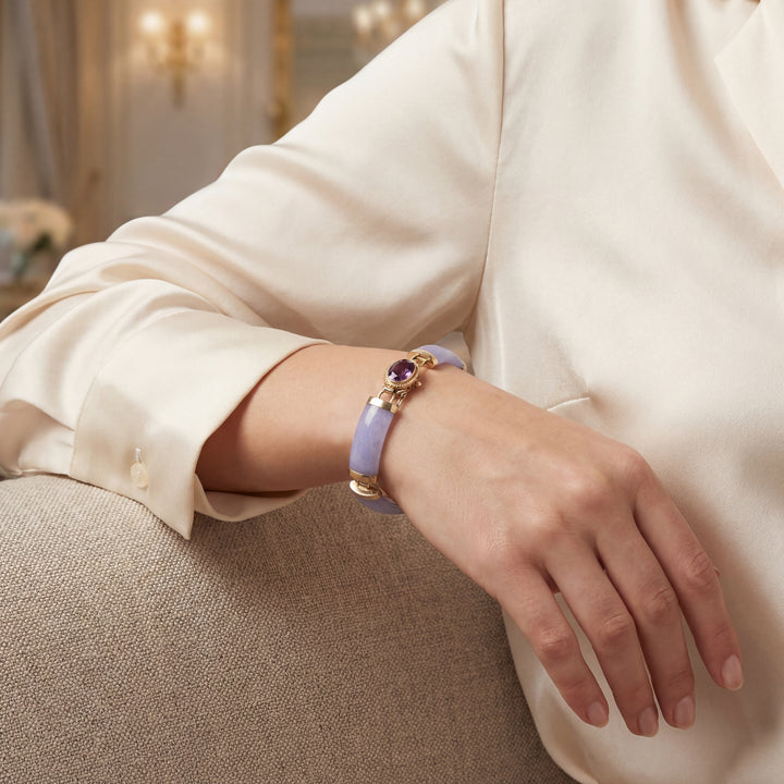Estate 14K Yellow Gold 0.69CTW Dyed Purple Jadeite & Amethyst Link Bracelet