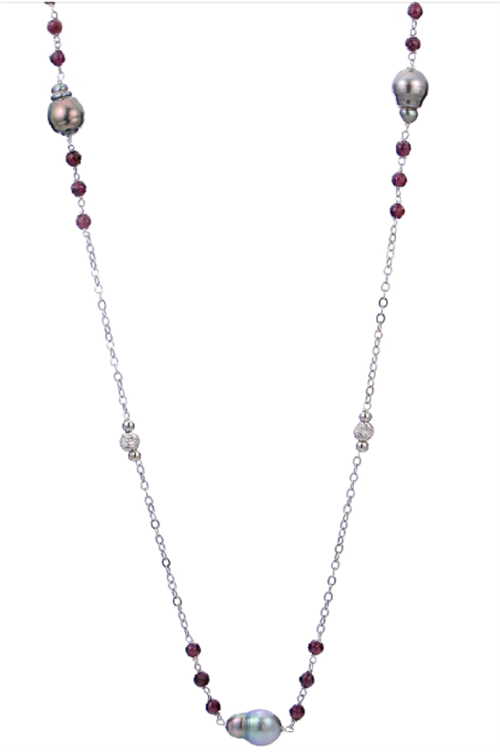 Sterling Silver 8-9mm Tahitian Pearl & Garnet Station Necklace