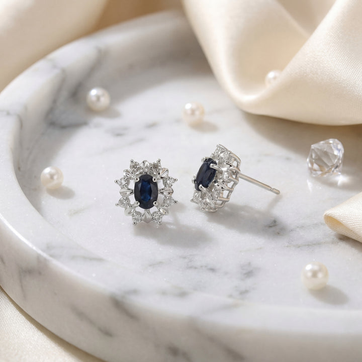 Estate 14K White Gold 1.40CTW Oval Blue Sapphire & Diamond Stud Earrings