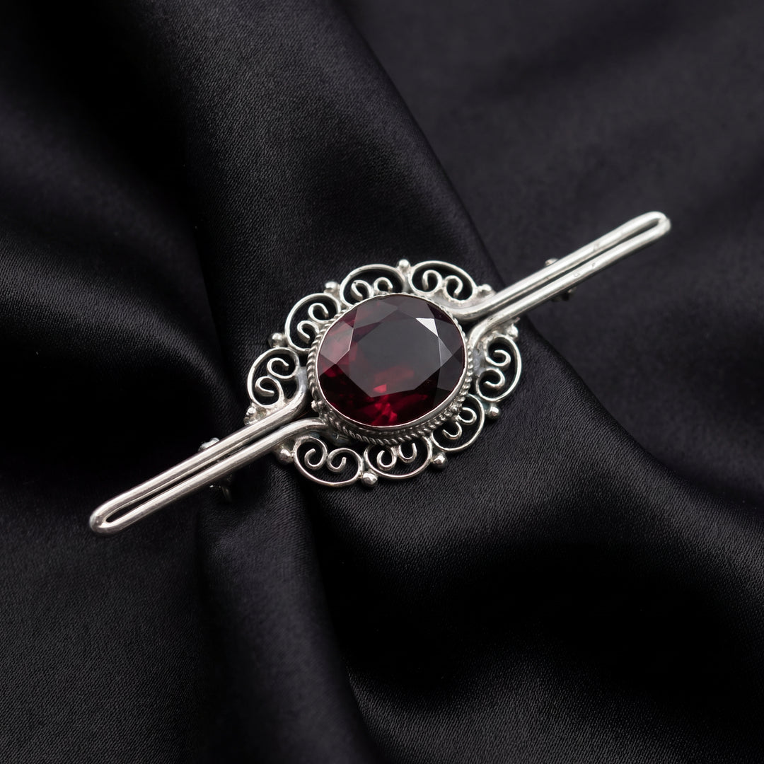 Estate Sterling Silver Oval Garnet Filigree Pin