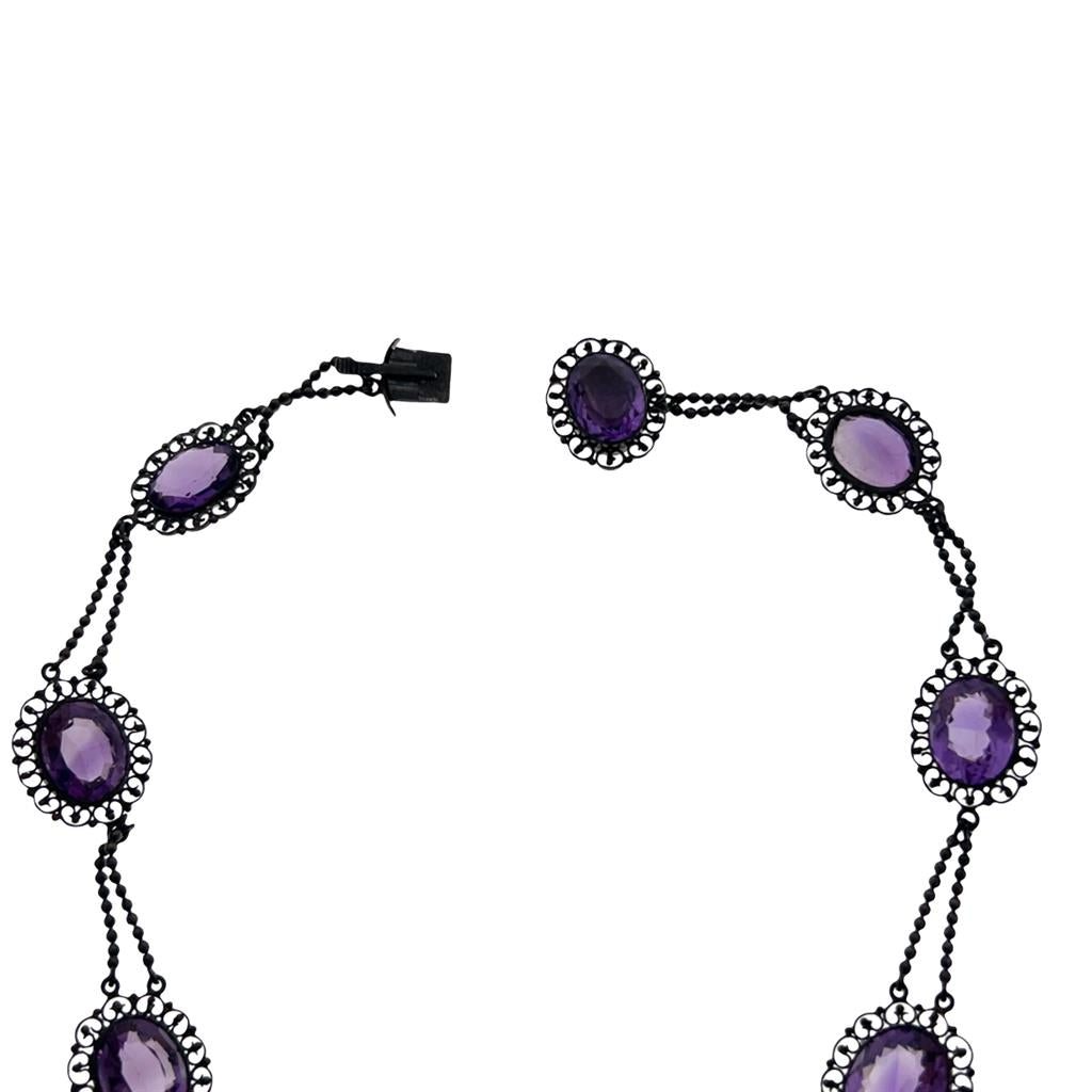 Antique Sterling Silver Amethyst Festoon Necklace - Victorian Gemstone Statement Piece