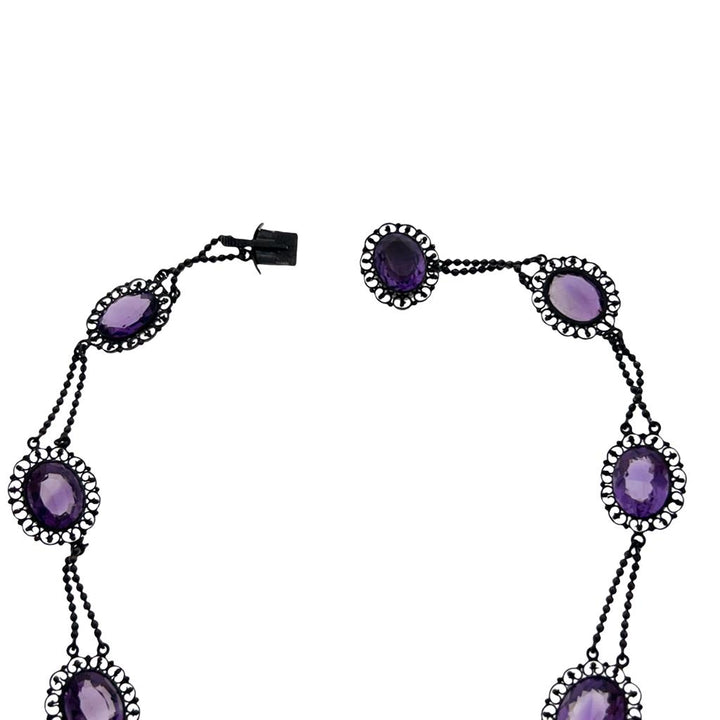 Antique Sterling Silver Amethyst Festoon Necklace - Victorian Gemstone Statement Piece