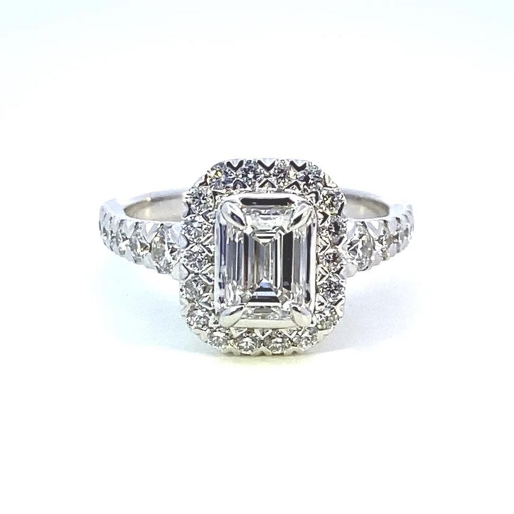 14K White Gold 1.76ctw Emerald Cut Lab Diamond Halo Engagement Ring