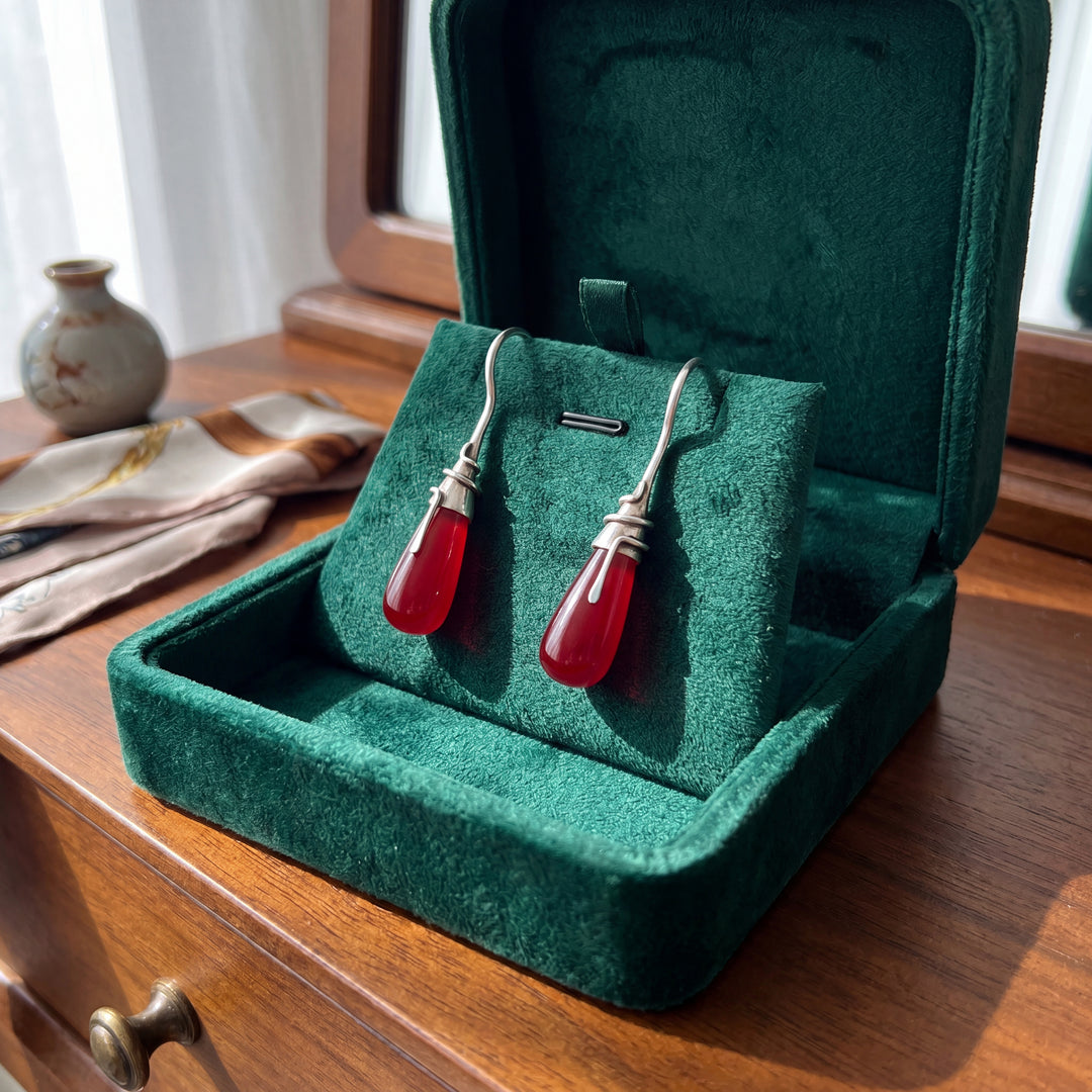 Estate Sterling Silver French Wire Wrapped Red Glass Drop Earrings