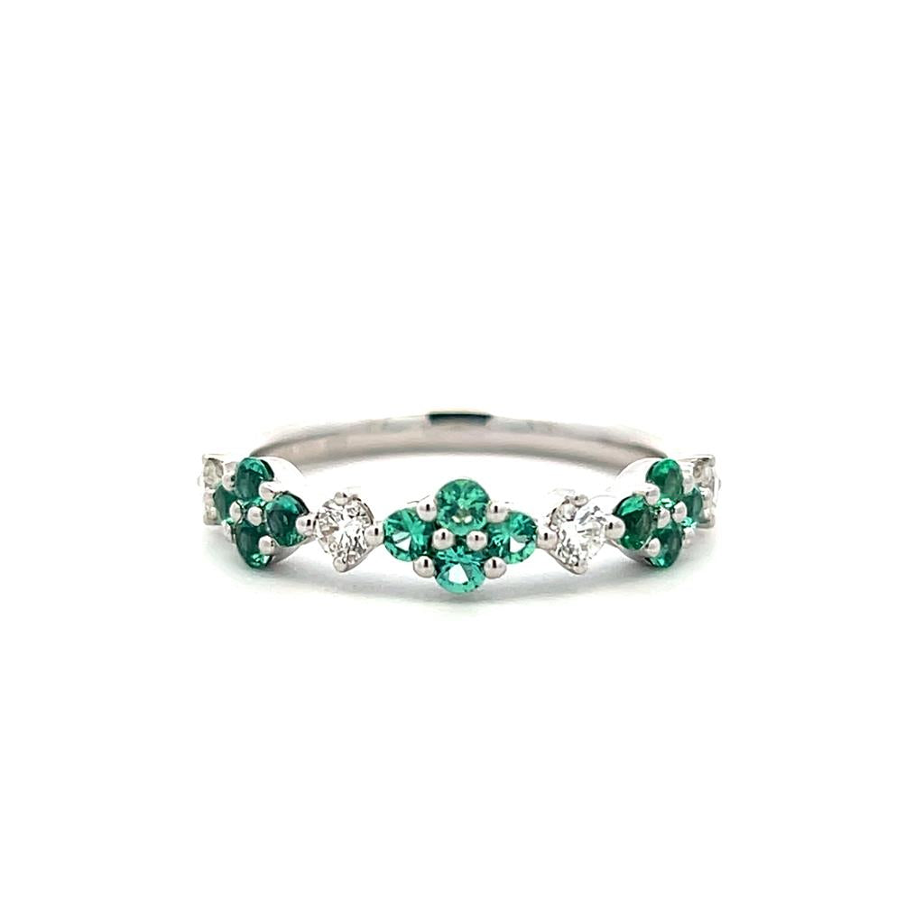 14K White Gold 0.64ctw Emerald & Diamond Floral Ring