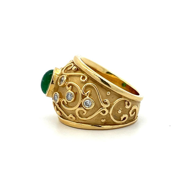 Estate 18K Yellow Gold 1.25ctw Oval Emerald & Diamond Scroll Ring