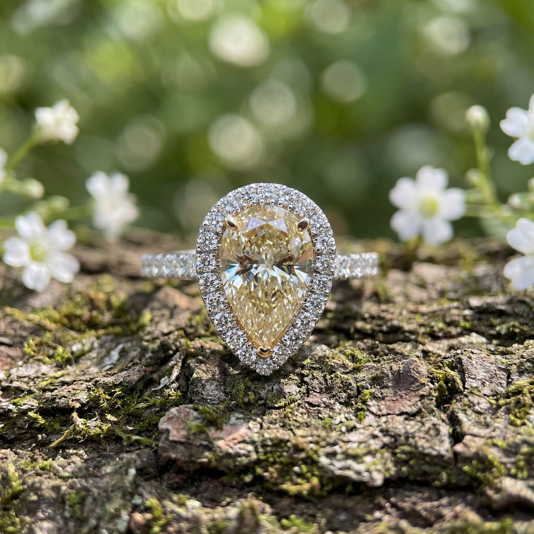 14K Two Tone White Yellow Gold 2.18ct Pear Fancy Light Yellow Diamond Halo Engagement Ring
