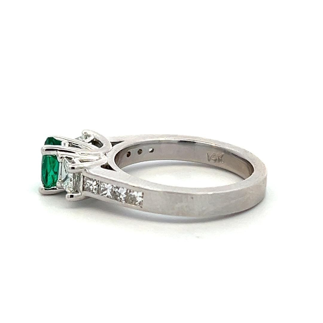 Estate 14K White Gold Lab Created Heart Emerald & Diamond Three Stone Ring