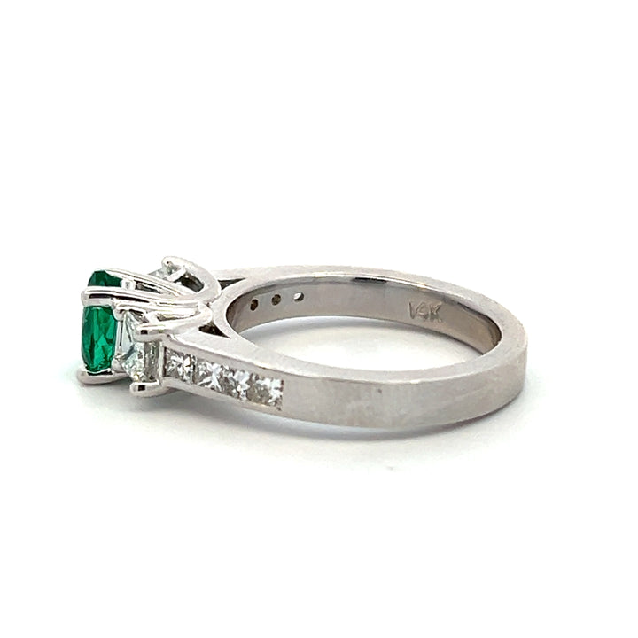 Estate 14K White Gold Lab Created Heart Emerald & Diamond Three Stone Ring