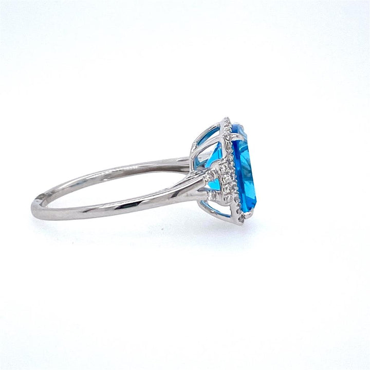 14K White Gold 3.78ctw Blue Topaz & Diamond Halo Ring by Bellarri