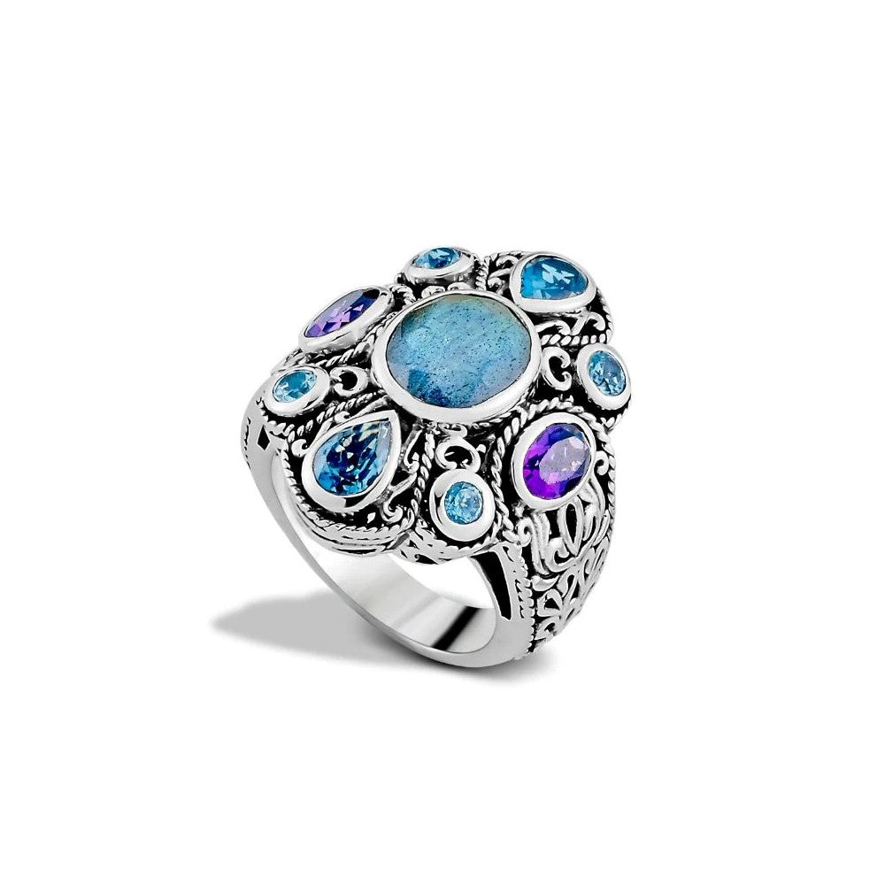 Sterling Silver Multi Gemstone Balinese Ring by Samuel B.