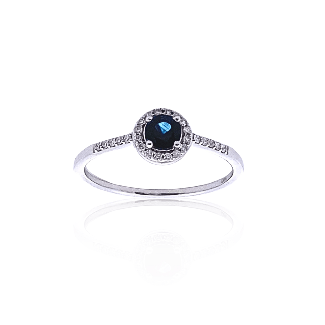 14K White Gold 0.86CTW Blue Sapphire & Diamond Halo Ring by Samuel B.