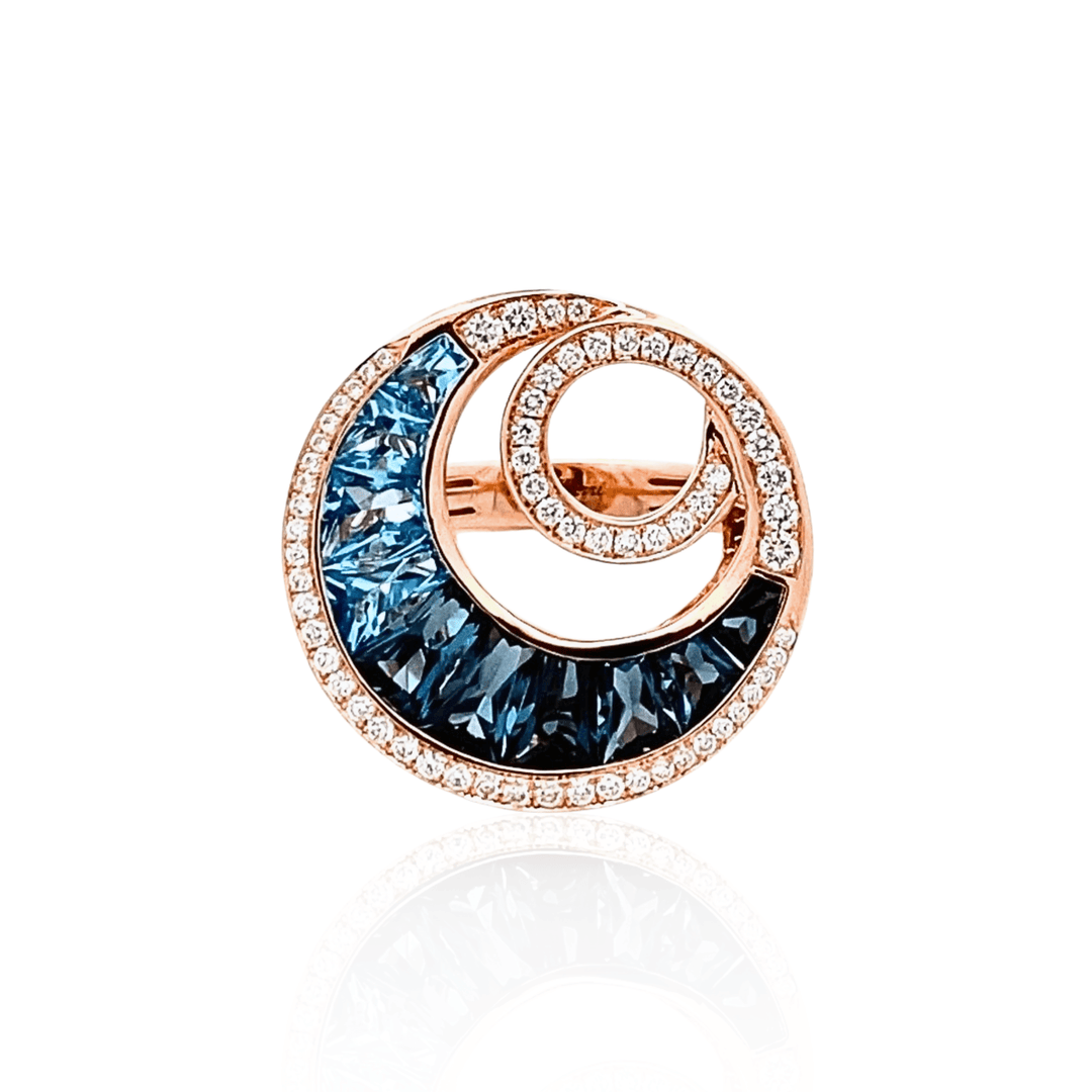 14K Rose Gold 3.56CTW Blue Topaz & Diamond Malibu Wave Ring by Bellarri