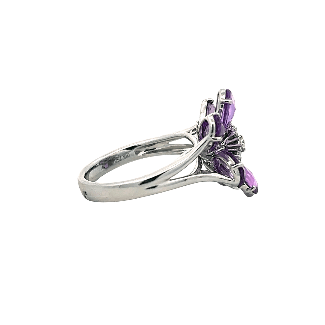 18K White Gold 4.76CTW Briolette Purple Sapphire & Diamond Flower Ring