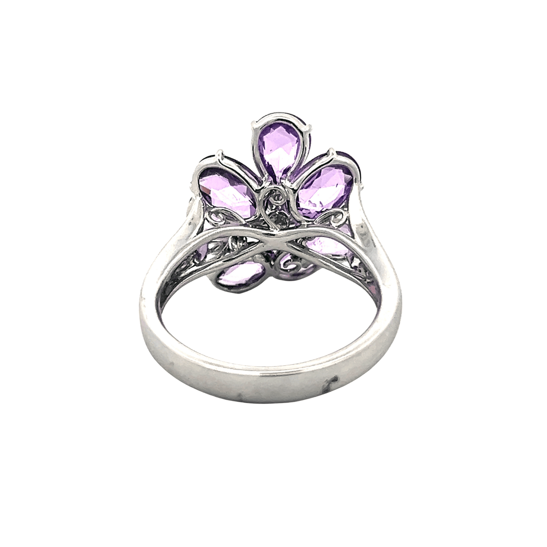 18K White Gold 4.76CTW Briolette Purple Sapphire & Diamond Flower Ring