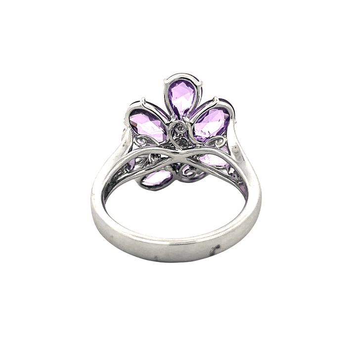 18K White Gold 4.76CTW Briolette Purple Sapphire & Diamond Flower Ring