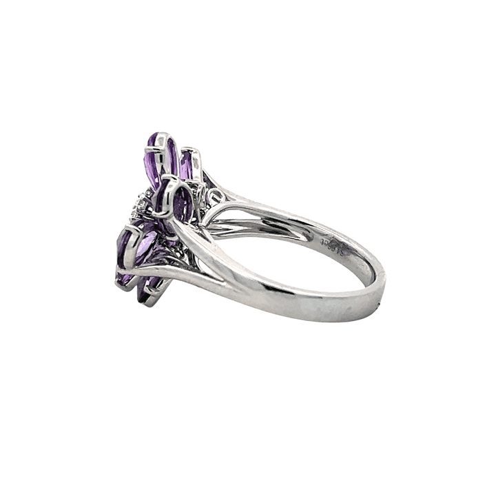 18K White Gold 4.76CTW Briolette Purple Sapphire & Diamond Flower Ring