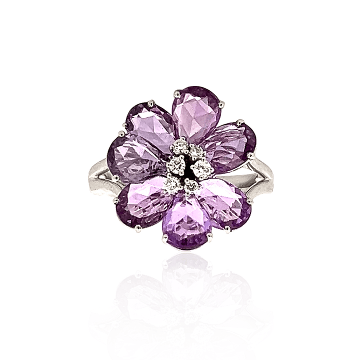 18K White Gold 4.76CTW Briolette Purple Sapphire & Diamond Flower Ring