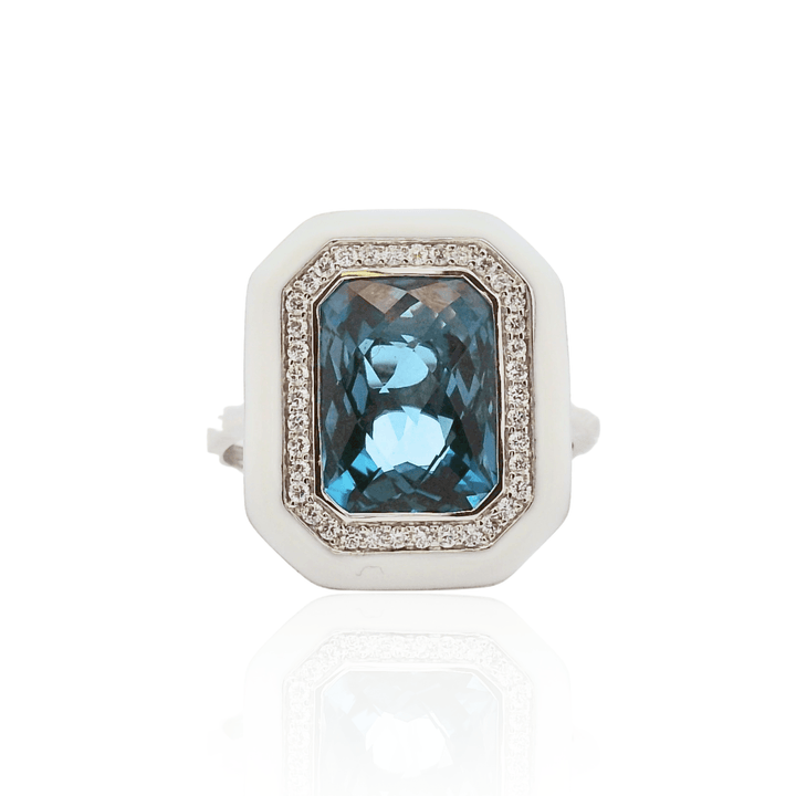 14K White Gold 4.59CTW London Blue Topaz, Diamond, and White Enamel Halo Ring