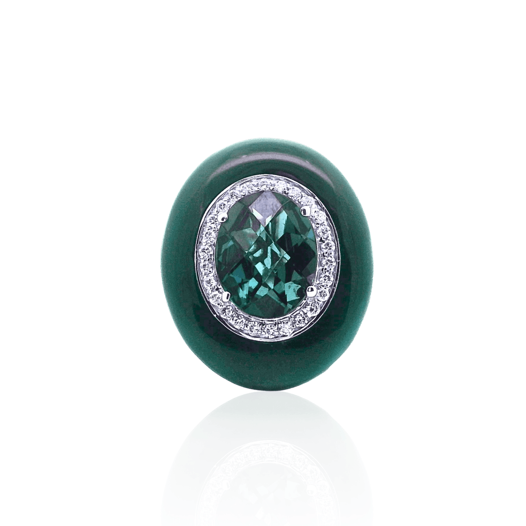 14K White Gold 3.27CTW London Blue Topaz,Diamond & Enamel Halo Ring by Bellarri