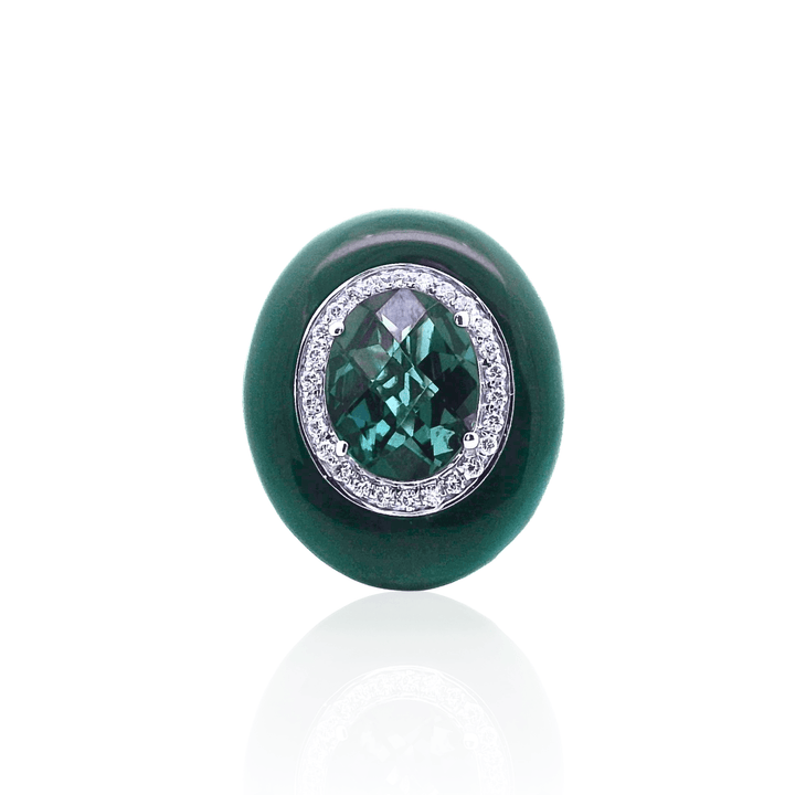 14K White Gold 3.27CTW London Blue Topaz,Diamond & Enamel Halo Ring by Bellarri