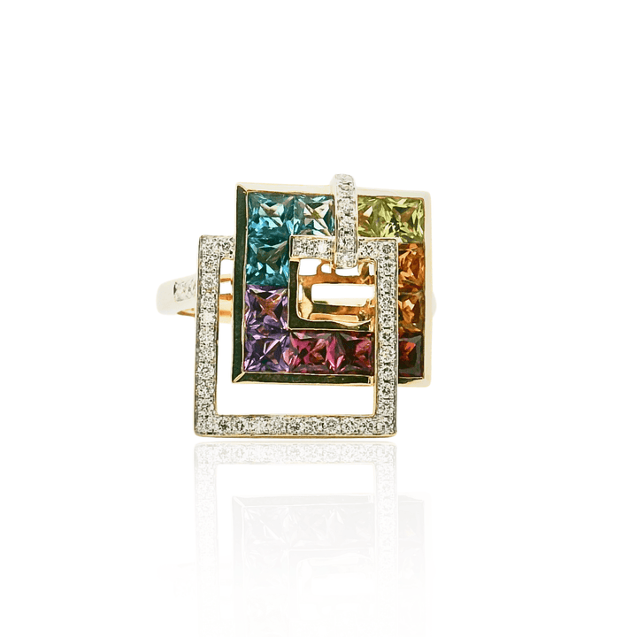 14K Yellow Gold 2.66CTW Multi-Gemstone & Diamond Geometric Ring by Bellarri