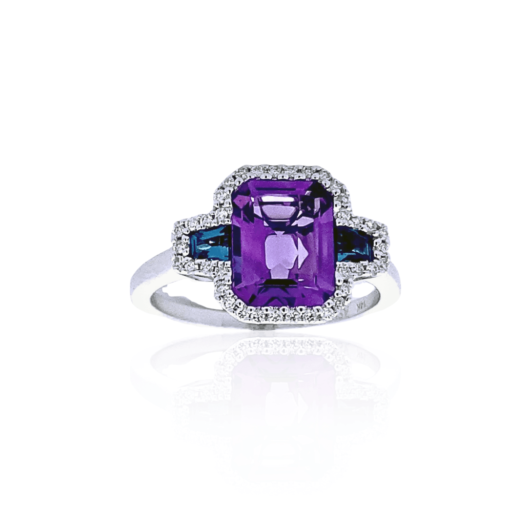 14K White Gold 2.54CTW Amethyst, London Blue Topaz & Diamond Three-Stone Ring