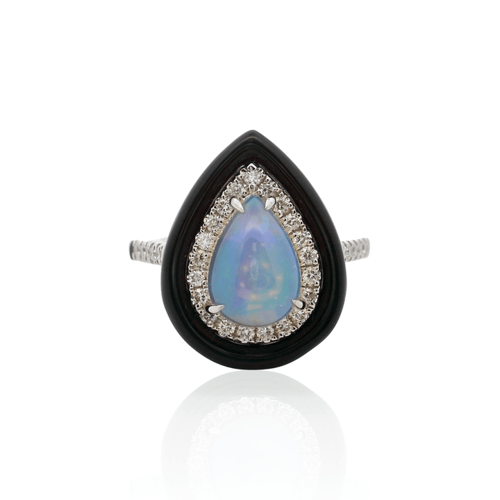 14K White Gold 1.77CTW Opal, Diamond, & Black Enamel Halo Ring