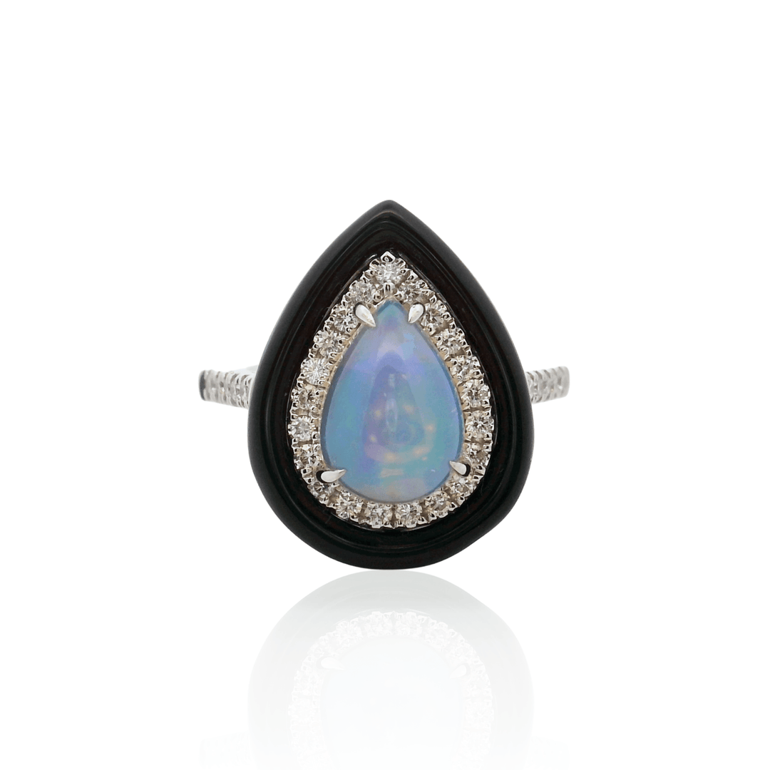 14K White Gold 1.77CTW Opal, Diamond, & Black Frame Halo Ring