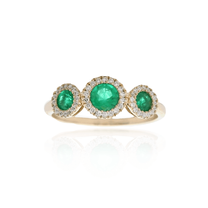 14K Yellow Gold 0.56CTW Emerald & Diamond Three-Stone Halo Ring