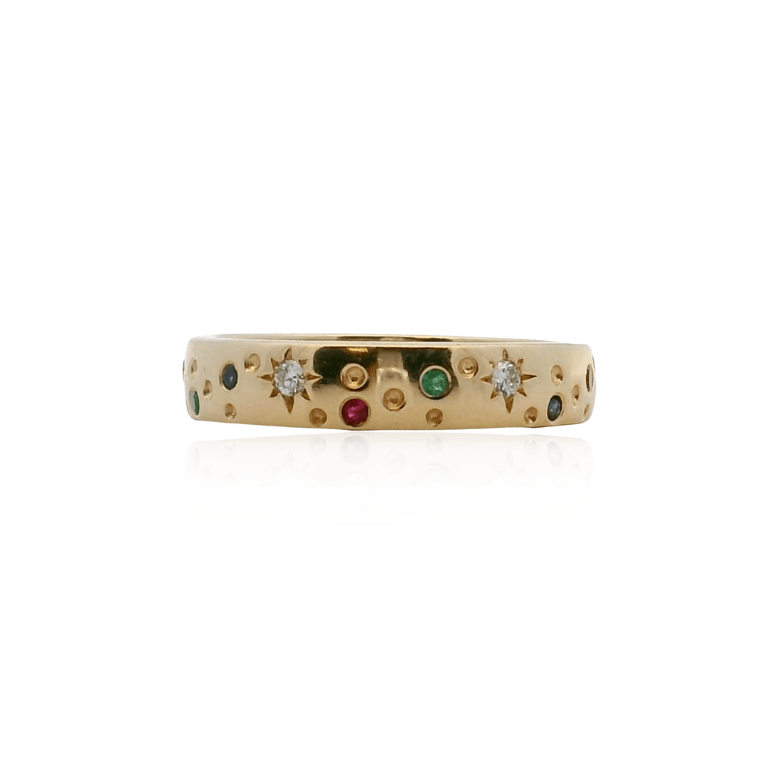 18K Yellow Gold Multi-Color Sapphire and Diamond Starburst Band