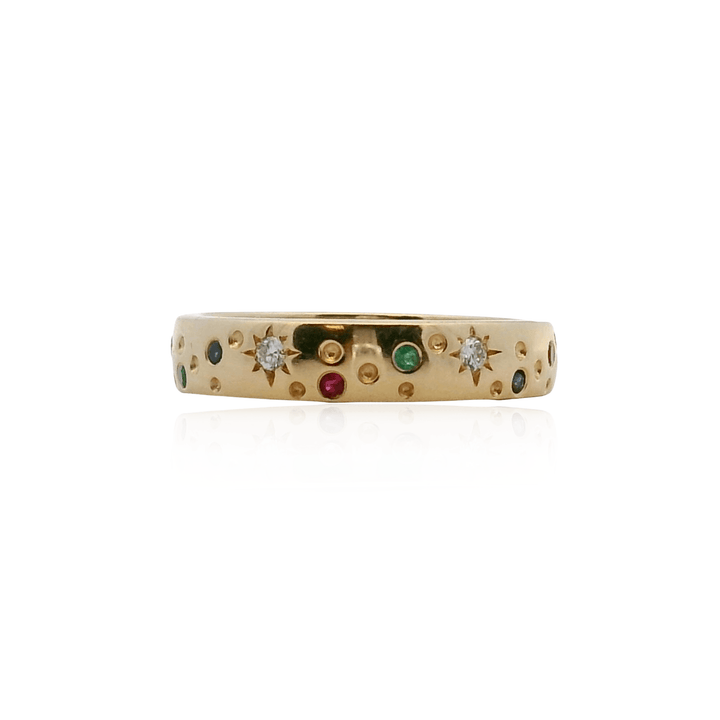 18K Yellow Gold Multi-Color Sapphire and Diamond Starburst Band
