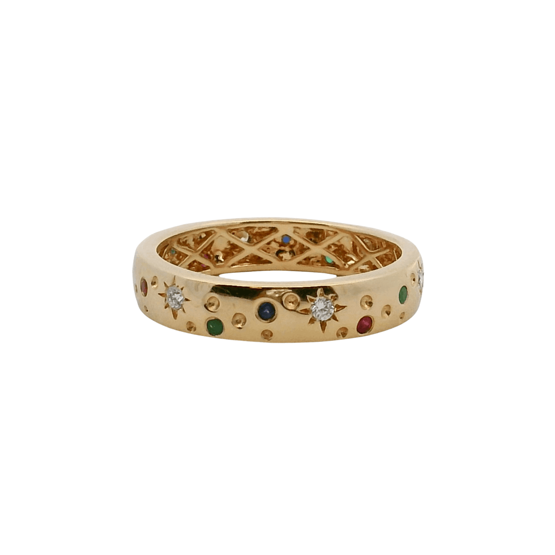 18K Yellow Gold Multi-Color Sapphire and Diamond Starburst Band