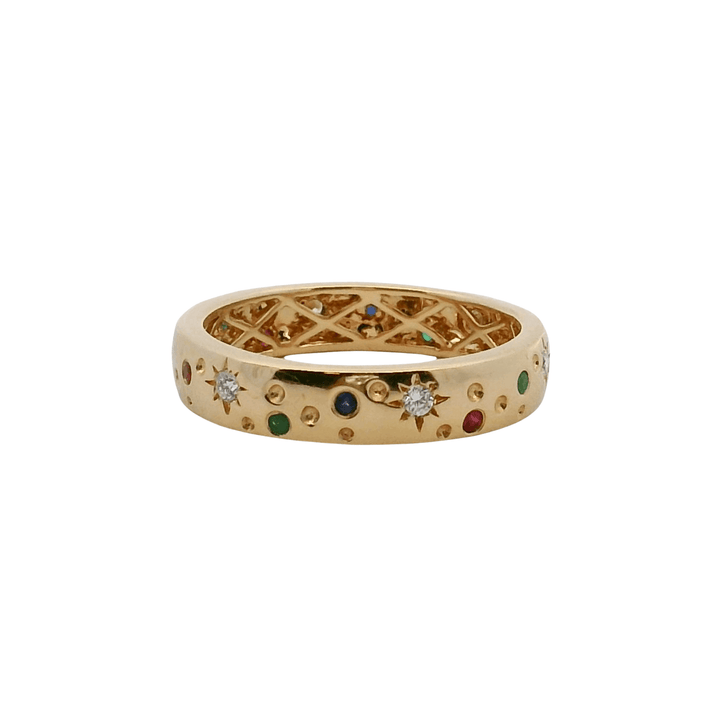 18K Yellow Gold Multi-Color Sapphire and Diamond Starburst Band