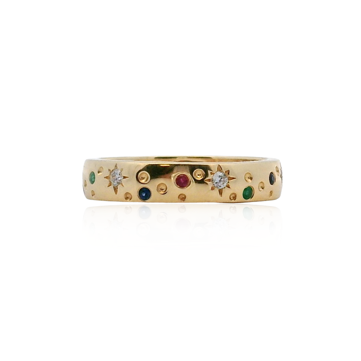 18K Yellow Gold Multi-Color Sapphire and Diamond Starburst Band