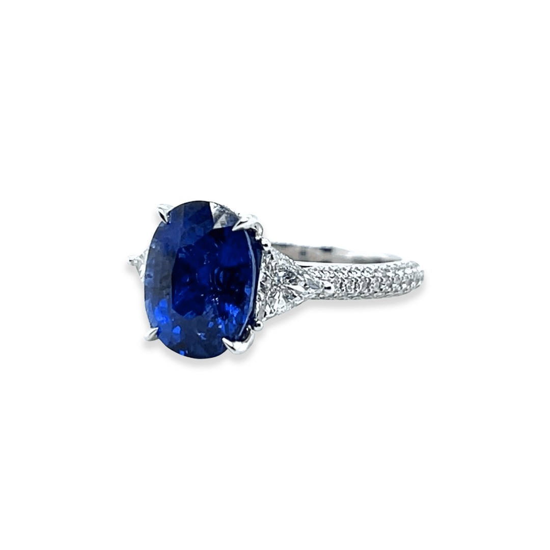 Platinum 5.60CTW Oval Blue Sapphire and Diamond Three-Stone Ring