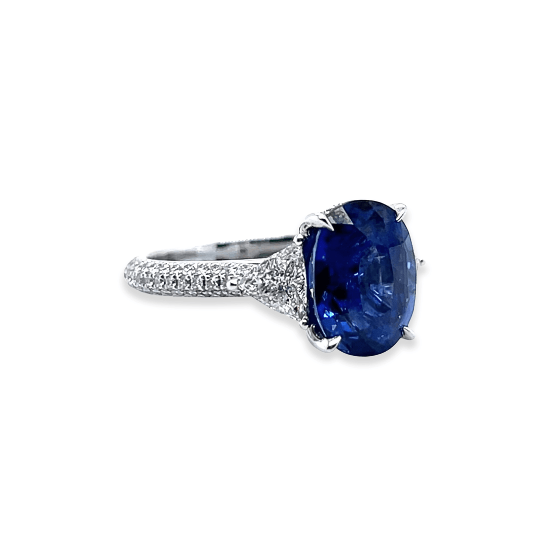 Platinum 5.60CTW Oval Blue Sapphire and Diamond Three-Stone Ring