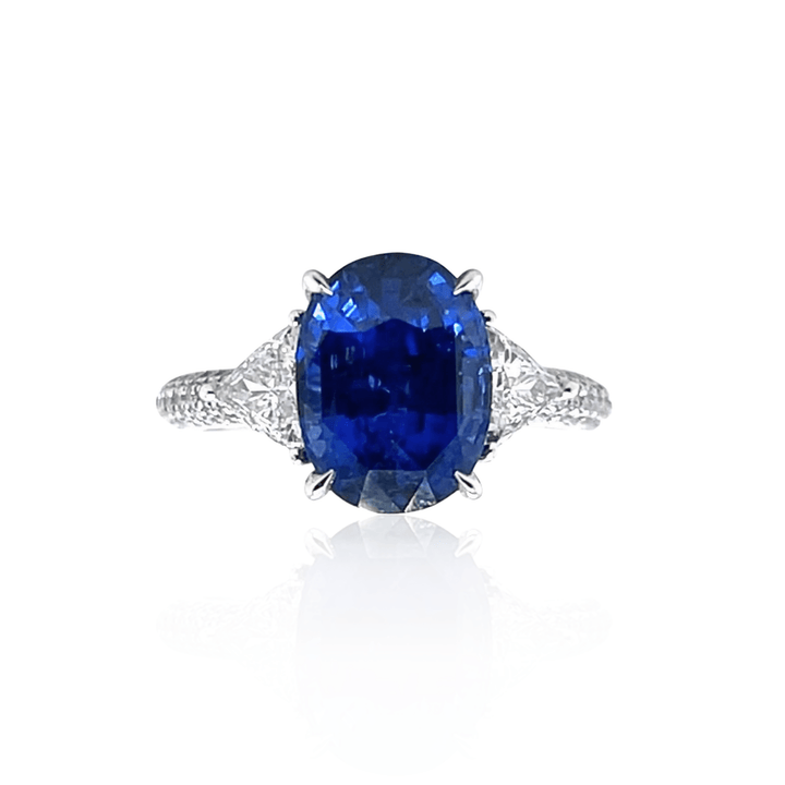 Platinum 5.60CTW Oval Blue Sapphire and Diamond Three-Stone Ring