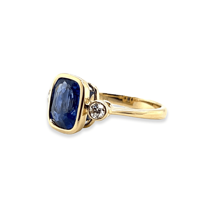 14K Yellow Gold 3.20CTW Cushion-Cut Blue Sapphire and Diamond Three-Stone Ring