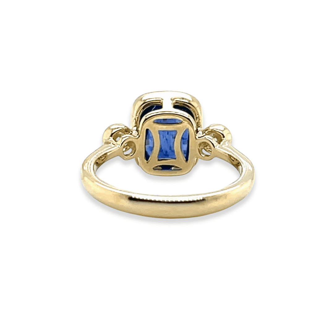 14K Yellow Gold 3.20CTW Cushion-Cut Blue Sapphire and Diamond Three-Stone Ring